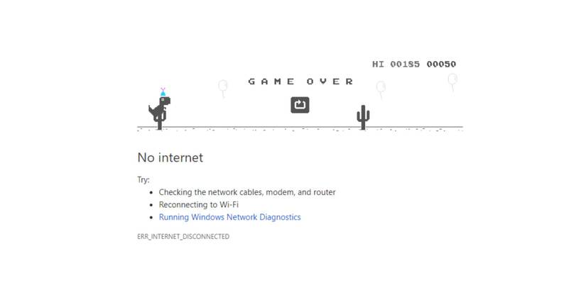 A T-Rex with a a party hat on in the Google Dinosaur Game