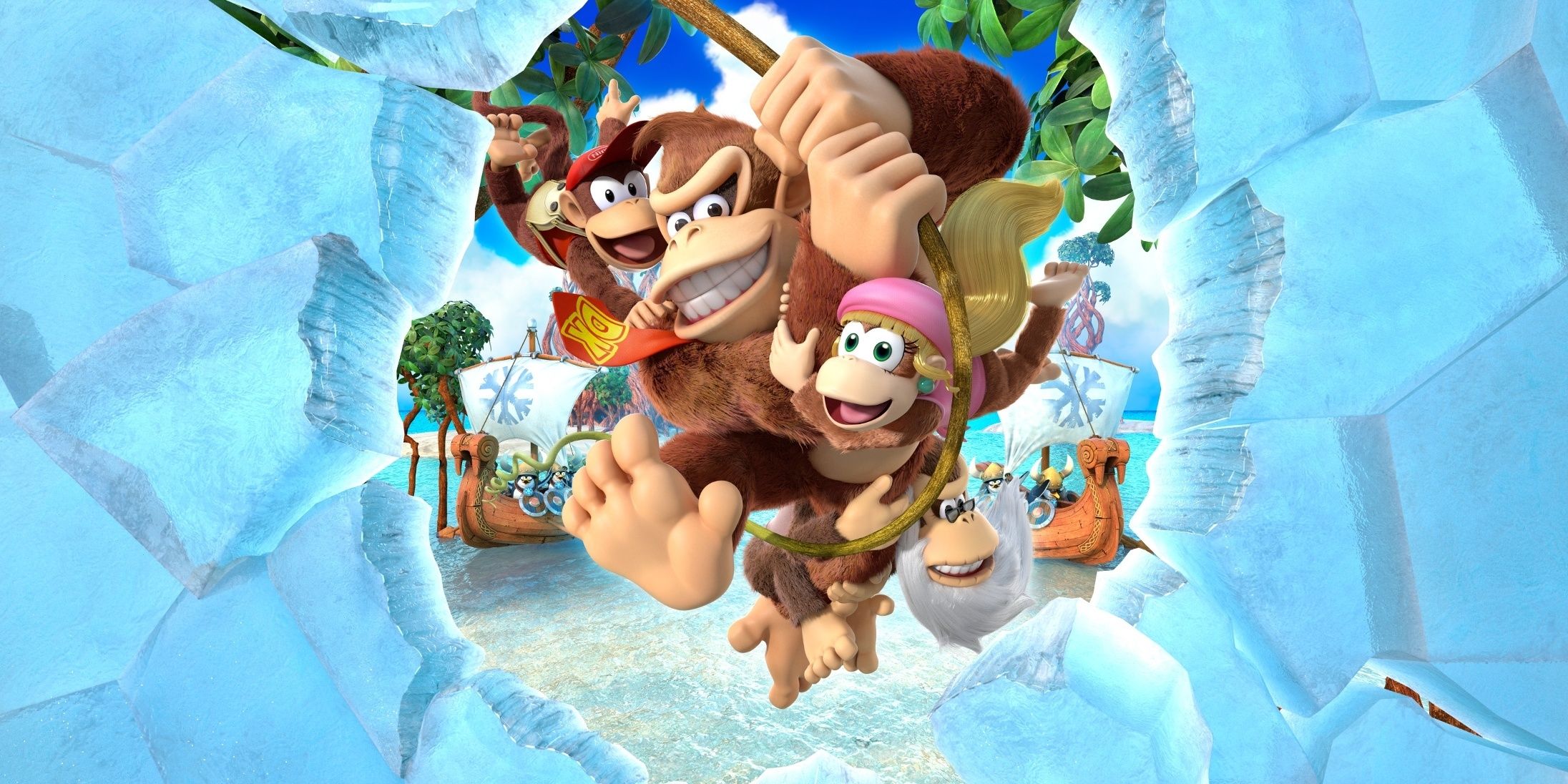 The Tropical Freeze cover art featuring Diddy Kong, Donkey Kong, Dixie Kong, and Cranky Kong