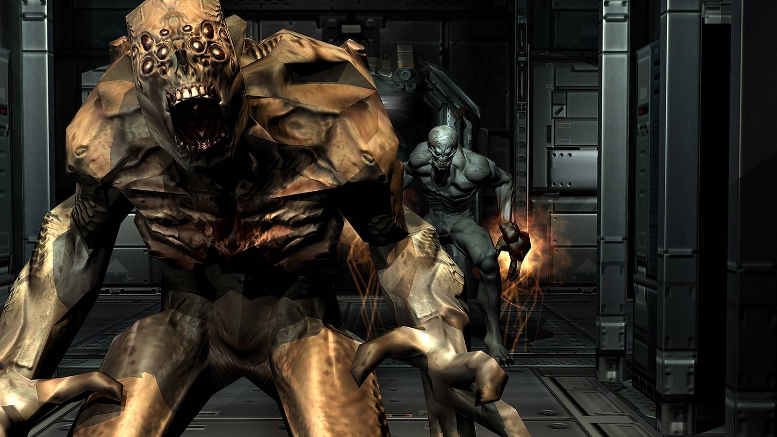 Image from Doom 3 showing a couple of monsters about to attack.
