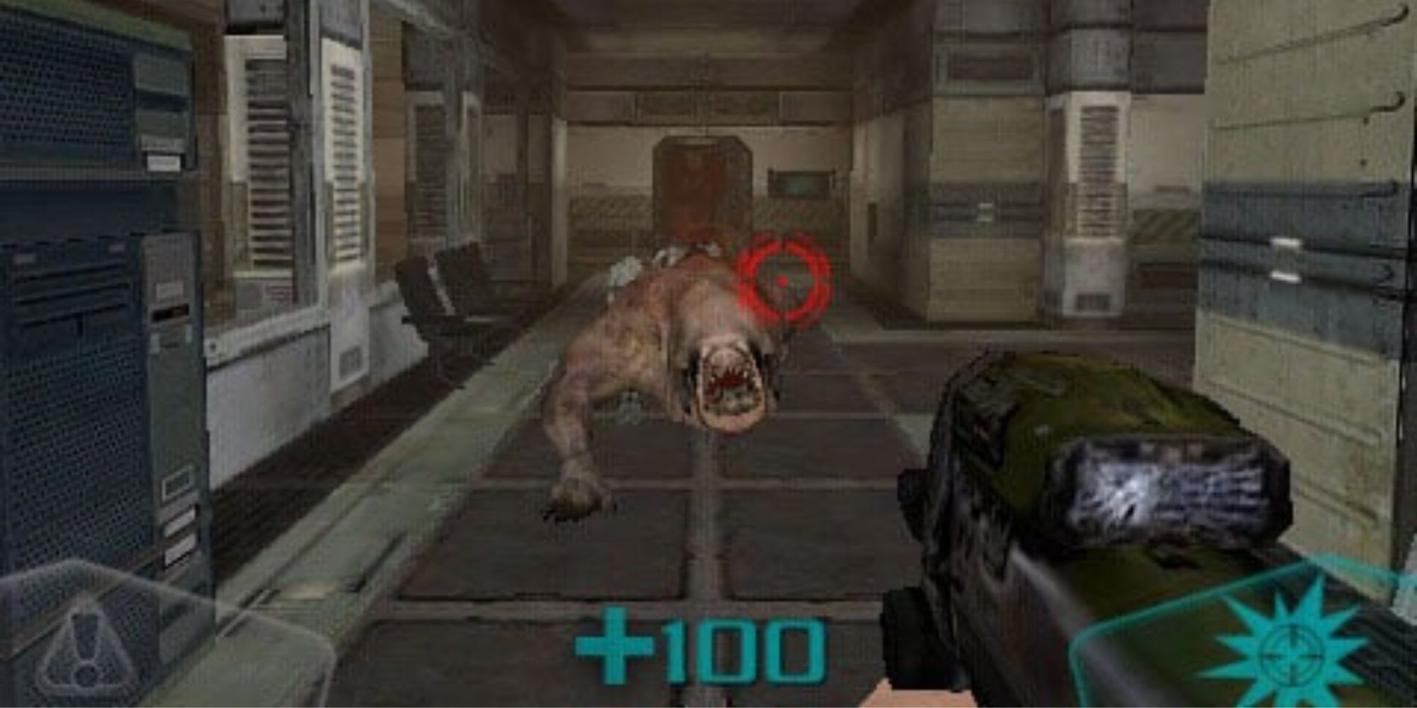 A player shooting a demon in Doom: Resurrection