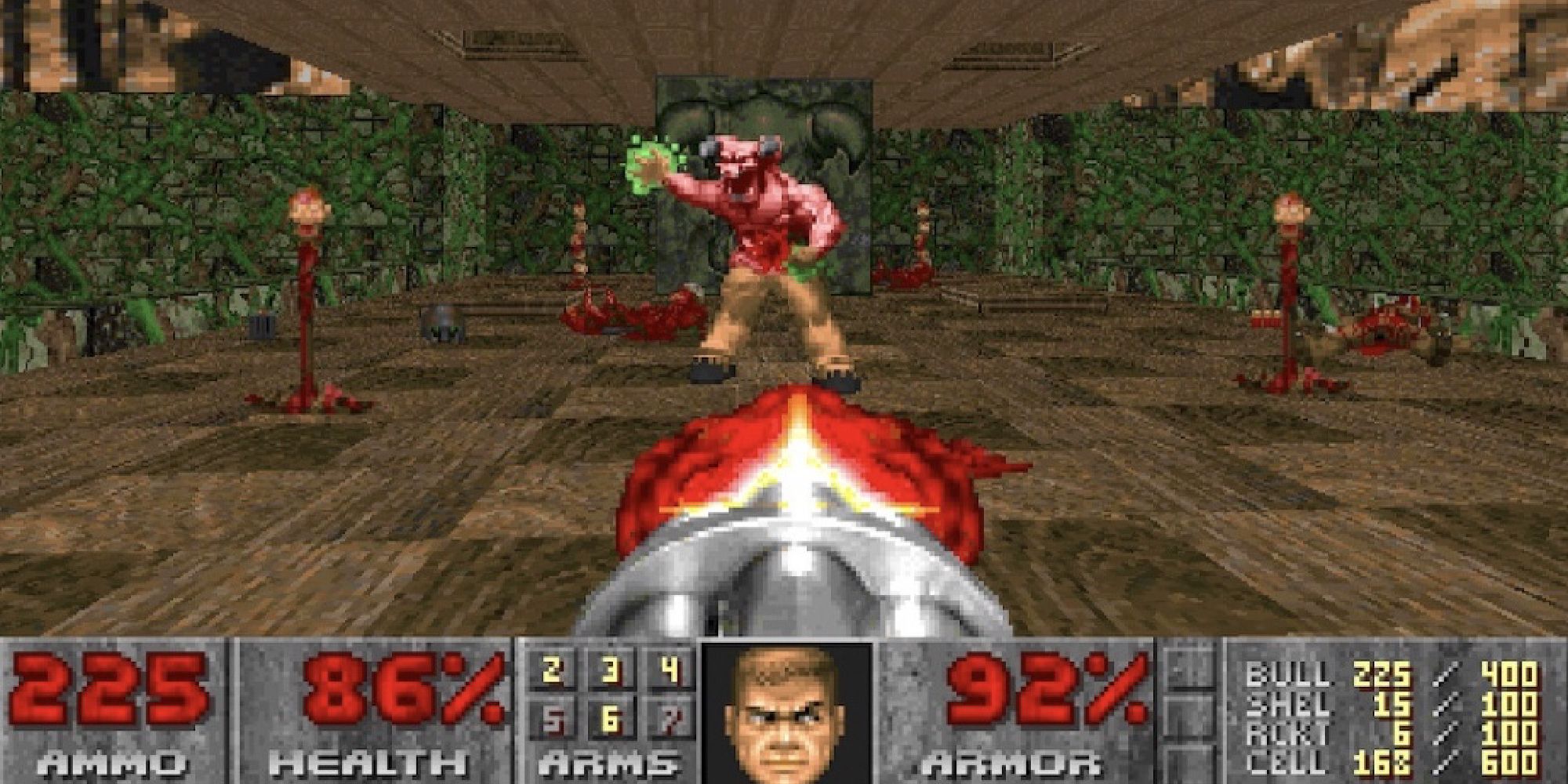 Gameplay of the original DOOM, showing the Doom-guy opening fire on a pig-like demon.