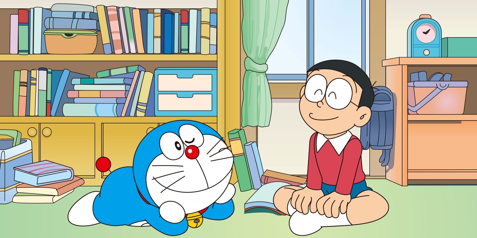Doraemon and Nobita sitting happily on the floor