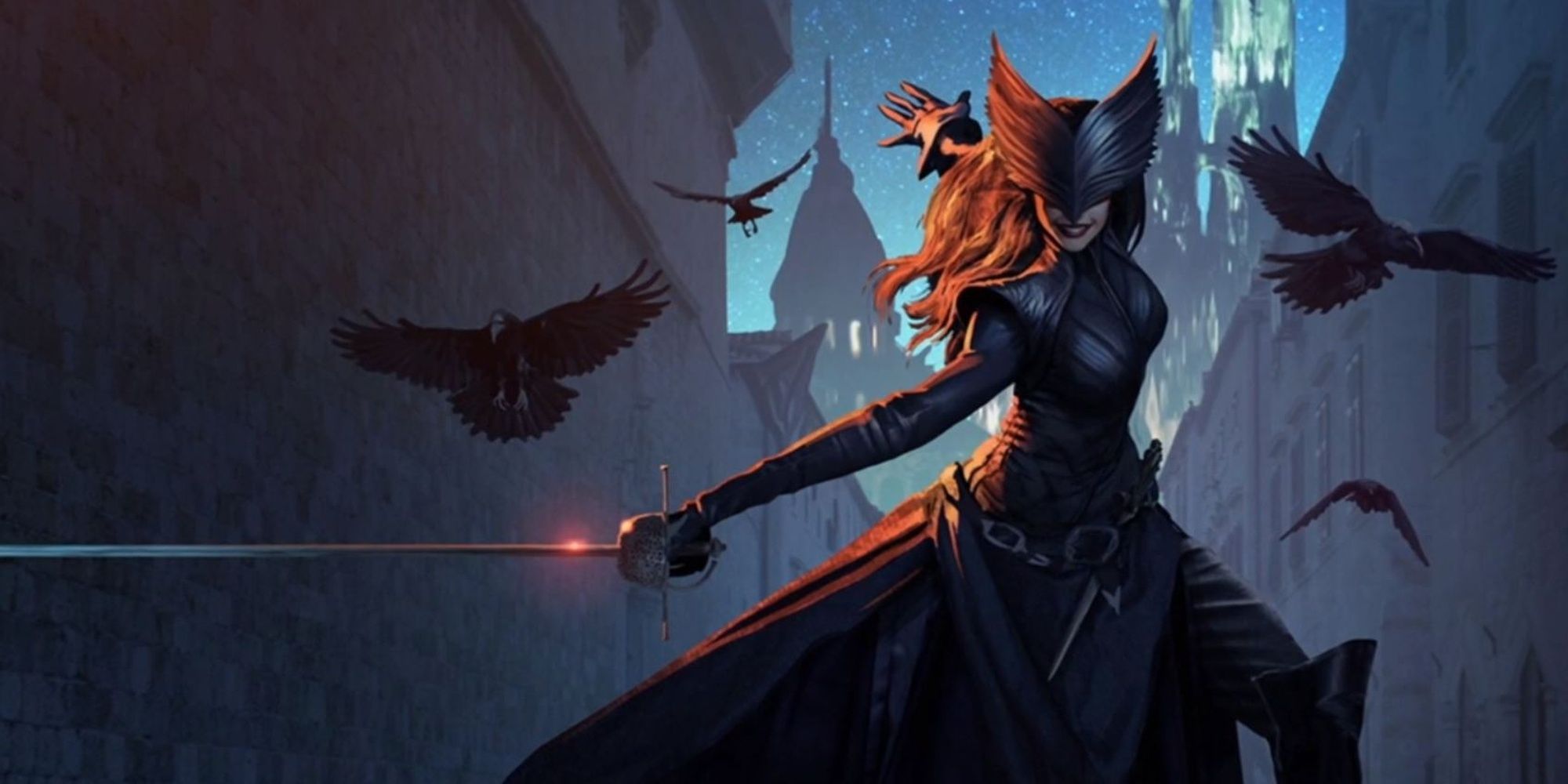 Dragon Age 4 concept art of an Antivan Crow with a sword and wearing a mask