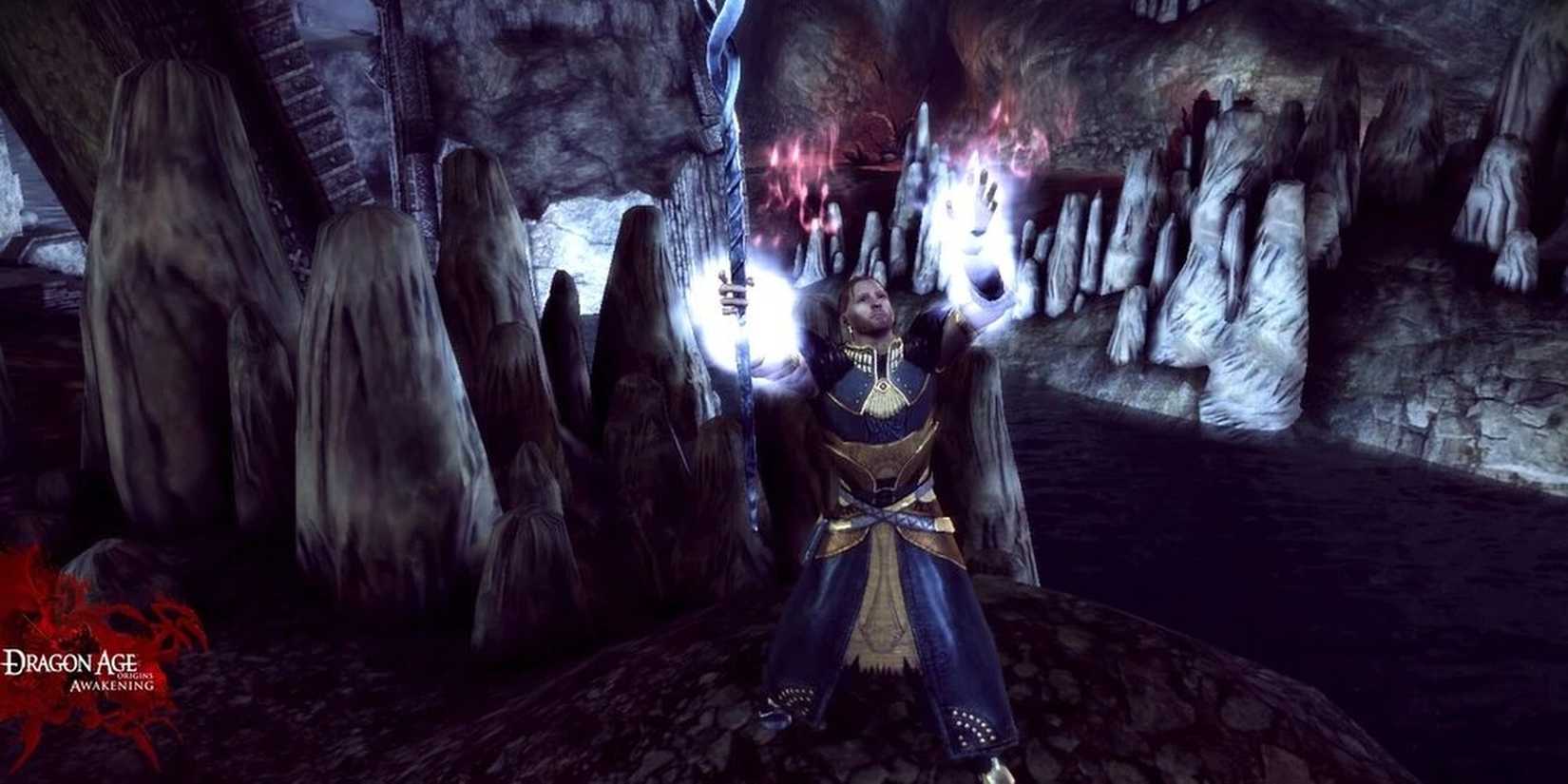 Anders performs magic in a cave in the Dragon Age: Origins - Awakening expansion