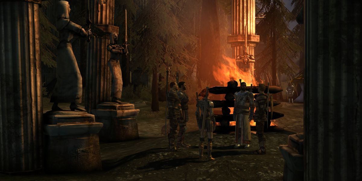 Duncan and the Grey Warden recruits at their camp before the Joining Ritual in Dragon Age: Origins
