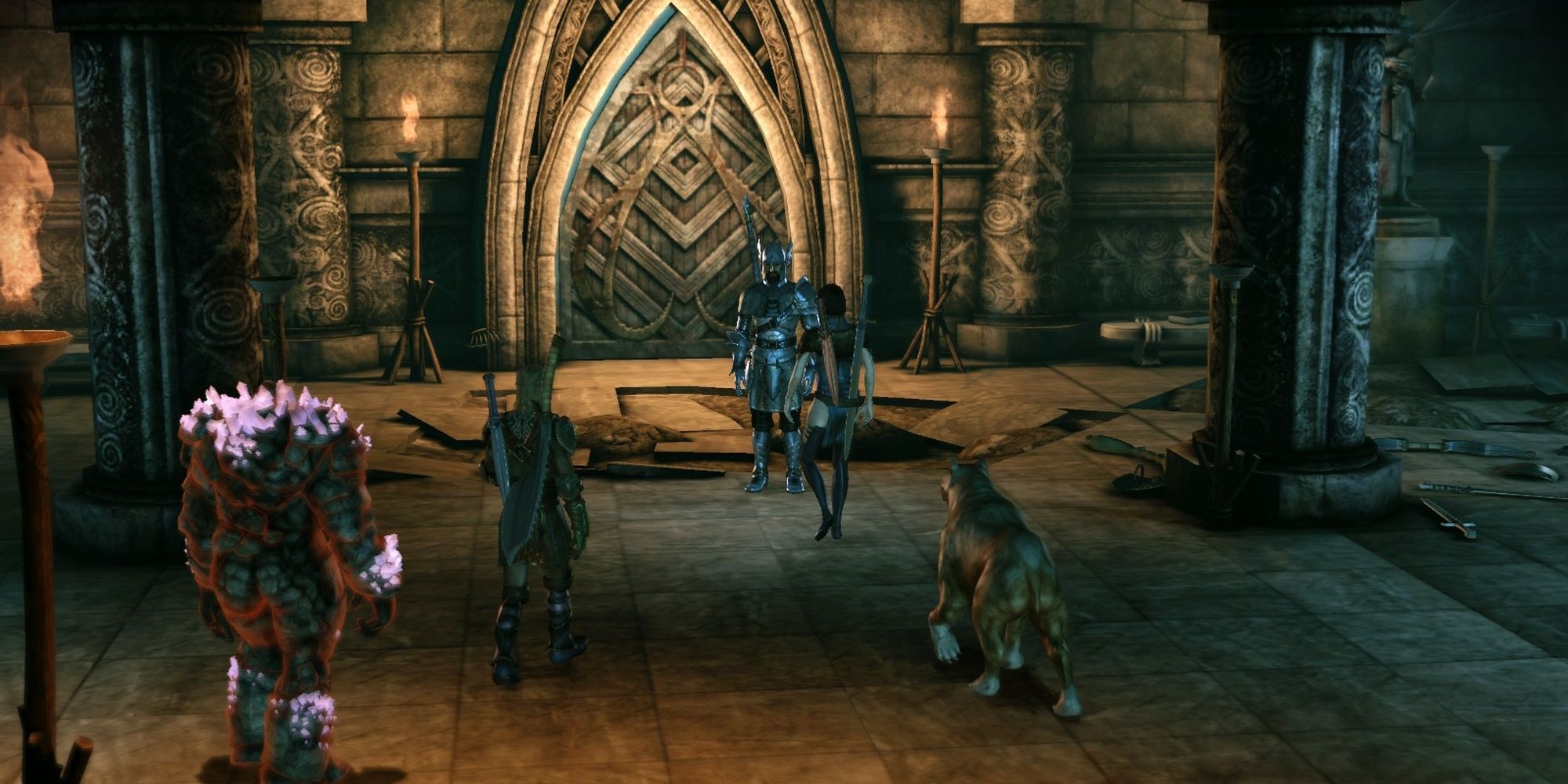 The Warden and party enters a ruin in the Brecilian Forest in Dragon Age: Origins