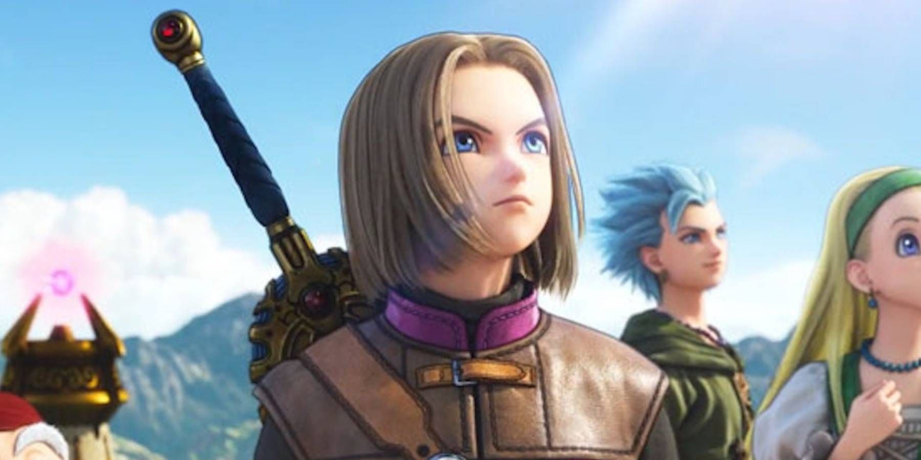 The Luminary and party members from Dragon Quest 11 looking into the distance