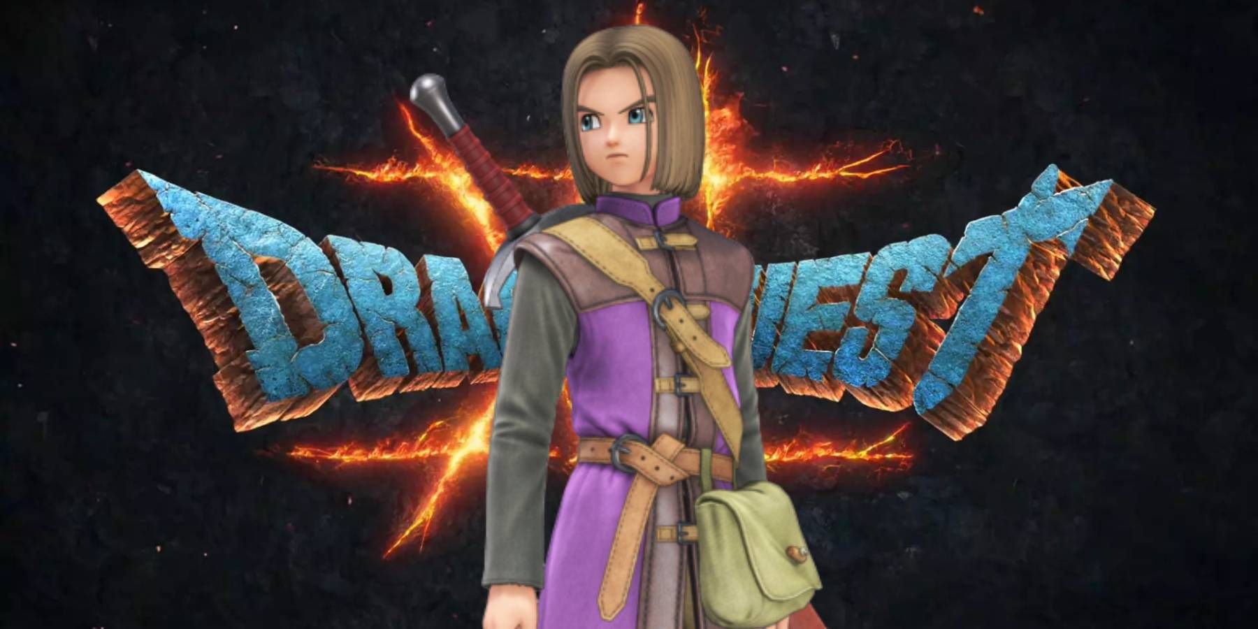 The Luminary from Dragon Quest 11 in front of the logo for Dragon Quest 12