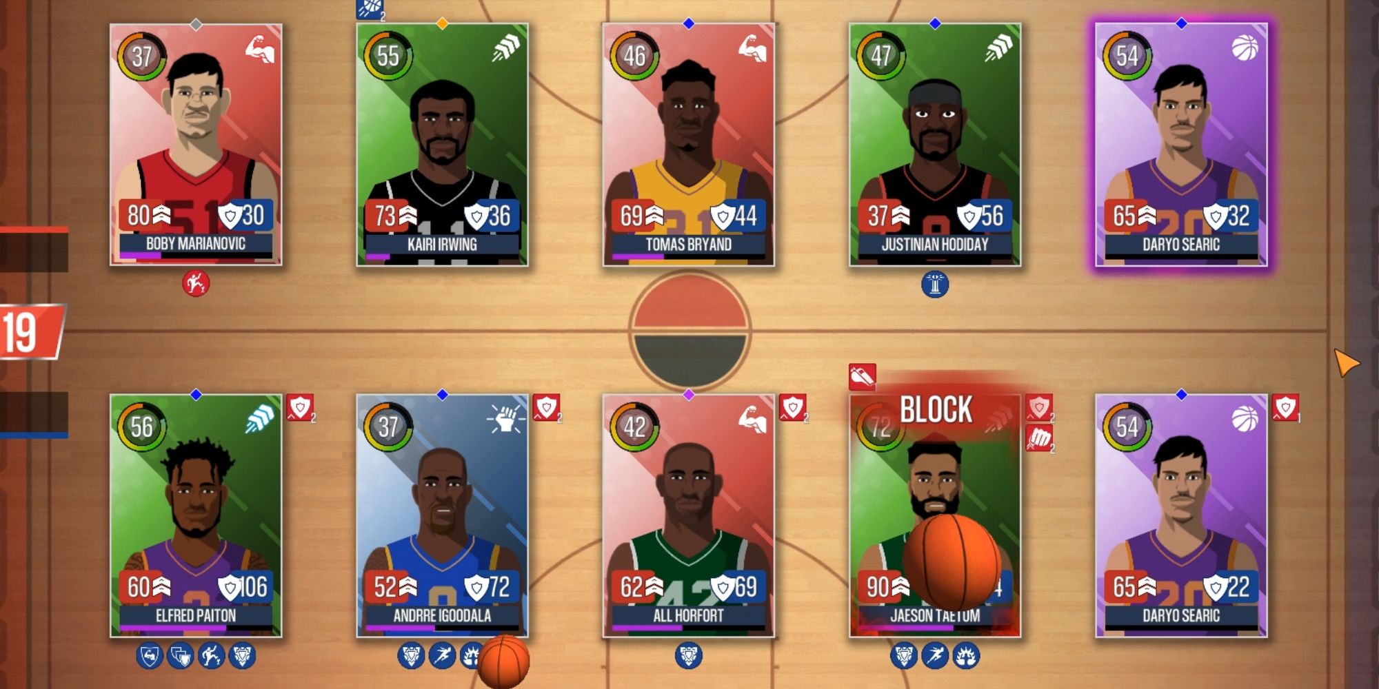 A player blocks a shot in the basketball card game Dream Team Basketball