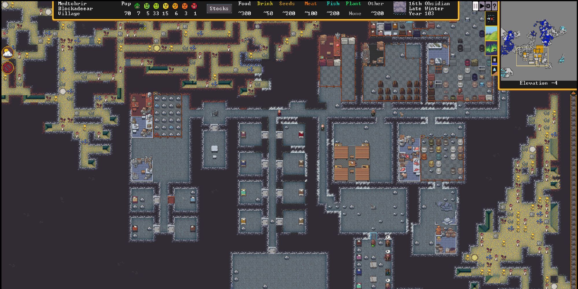 A player's base in Dwarf Fortress