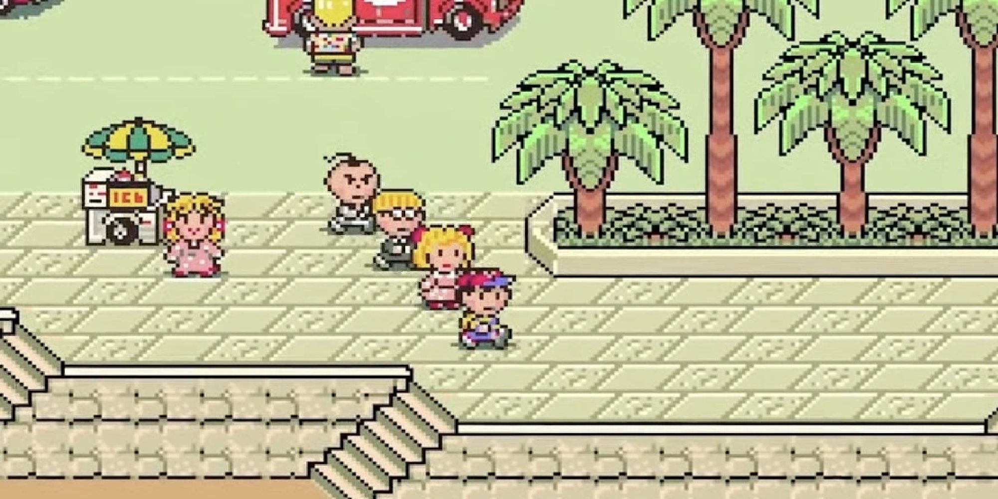EarthBound Beginnings, or Mother, in all its picealted glory. Four youths are seen walking through a town in a staggered formation.