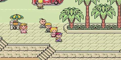 EarthBound Beginnings, or Mother, in all its picealted glory. Four youths are seen walking through a town in a staggered formation.
