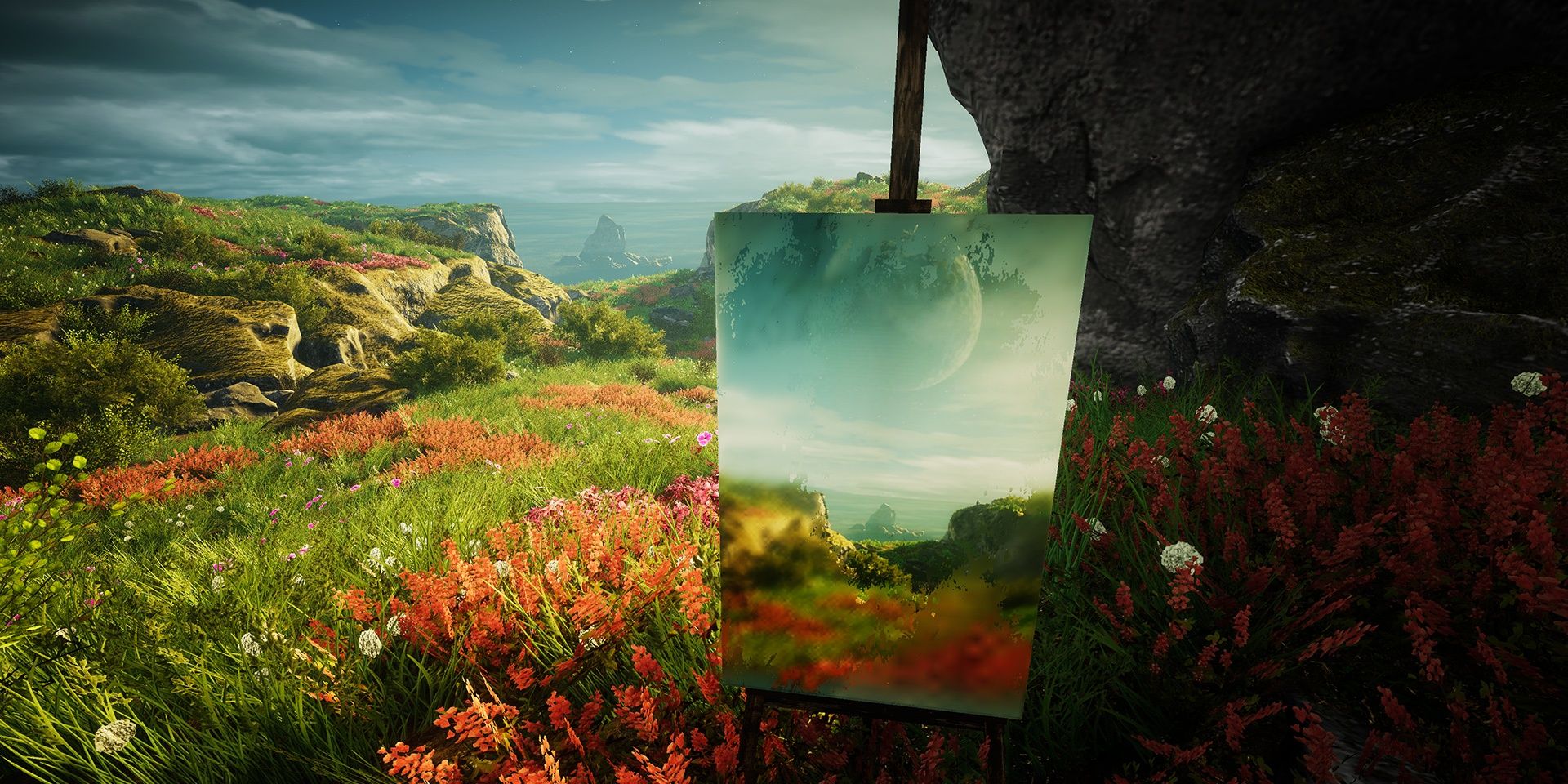 A canvas on an easel that replicates the nearby landscape in Eastshade