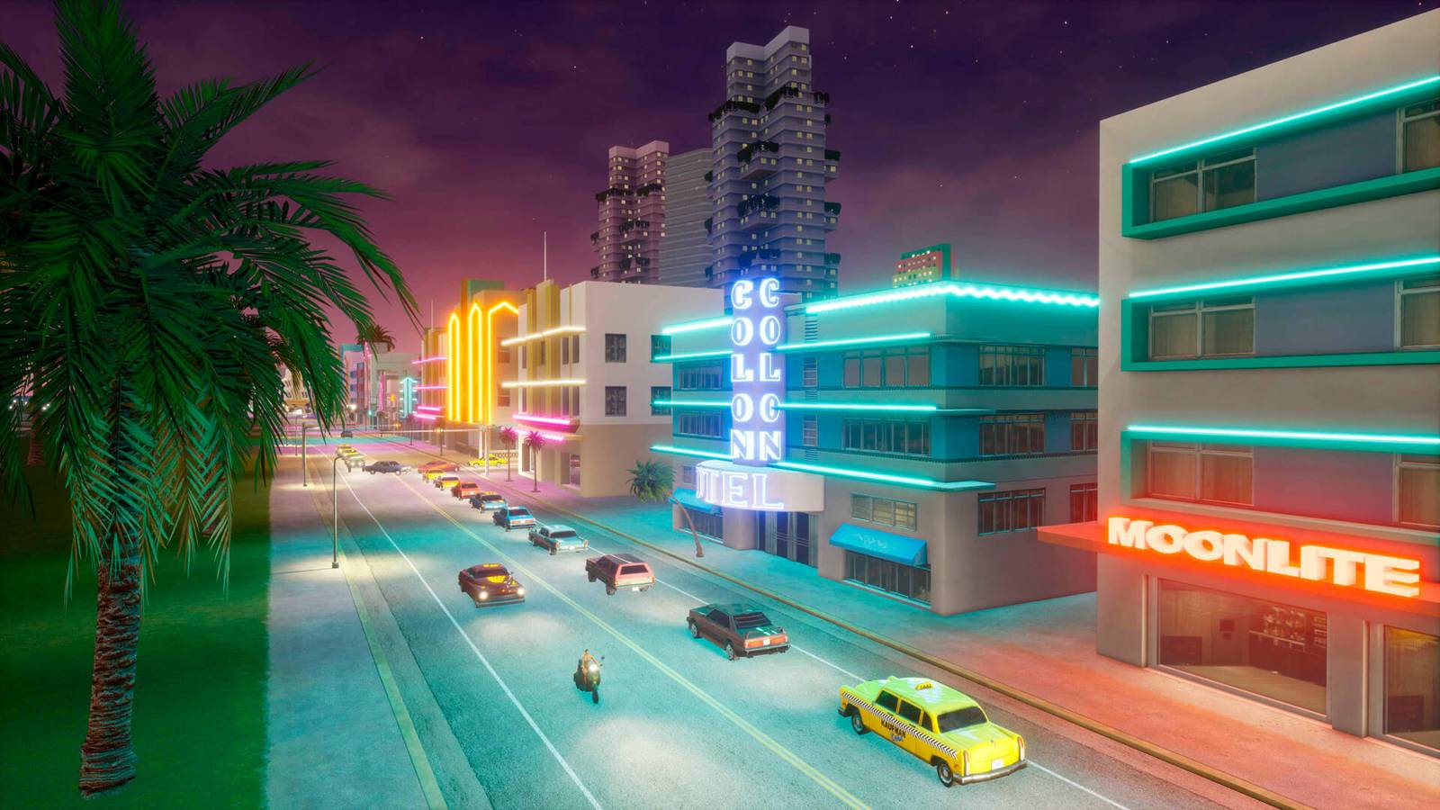 The vibrant nighttime world of GTA Vice City