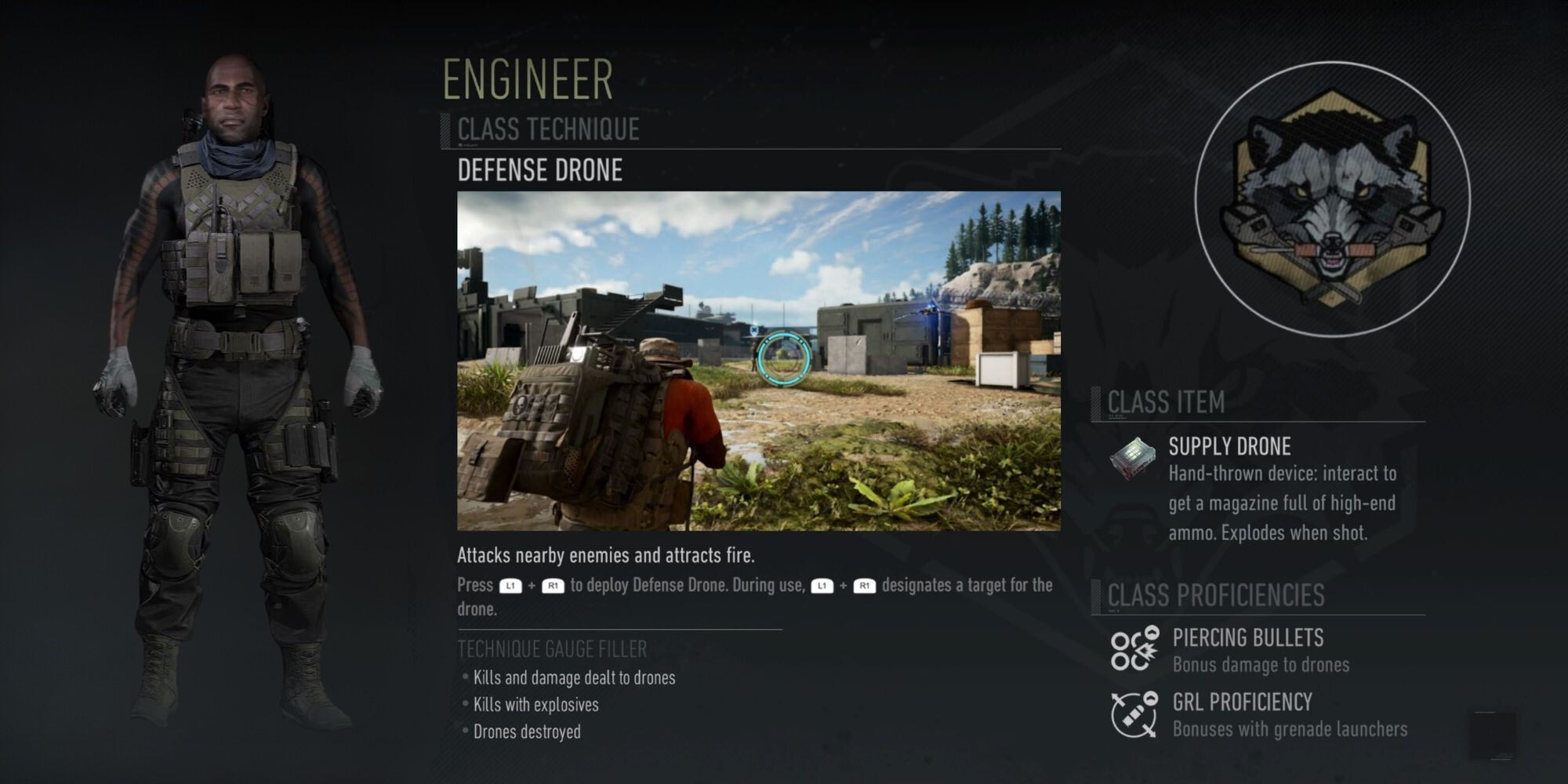 Details for the Engineer Class in Ghost Recon Breakpoint with a solider standing alongside it on the left