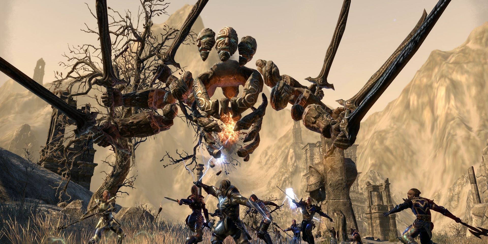 an elder scrolls online fighting party battling a magical stone enemy holding swords