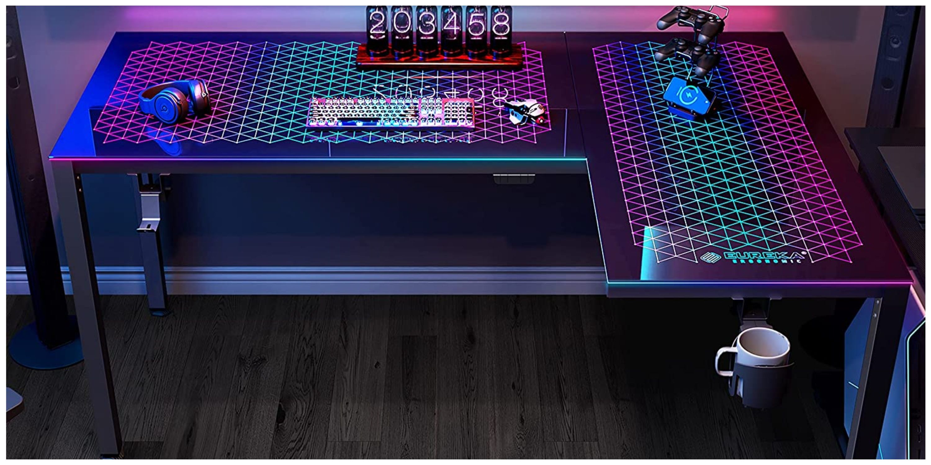 EUREKA RGB Glass Gaming Desk