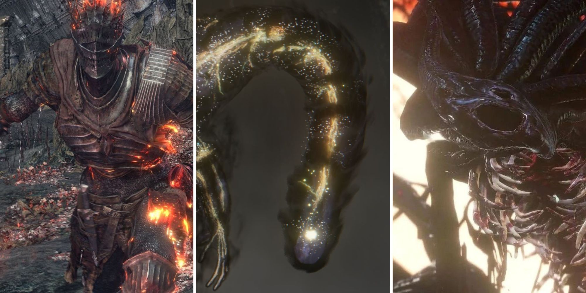 A grid showing the final bosses from the games Dark Souls 3, Elden Ring, and Bloodborne