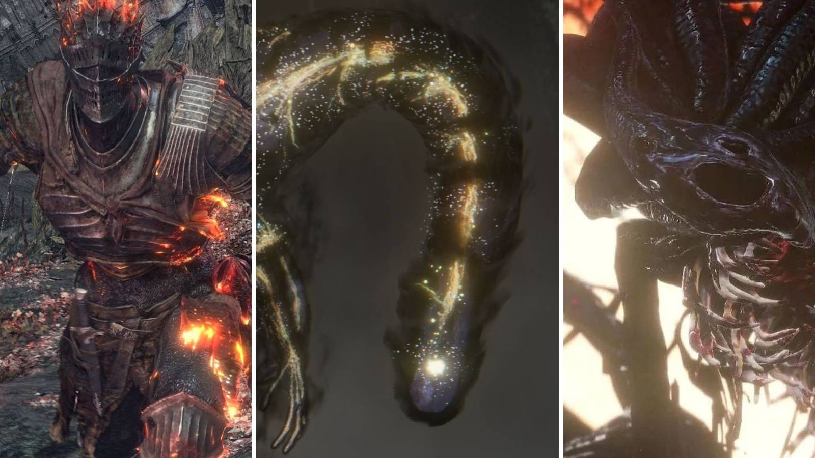 A grid showing the final bosses from the games Dark Souls 3, Elden Ring, and Bloodborne