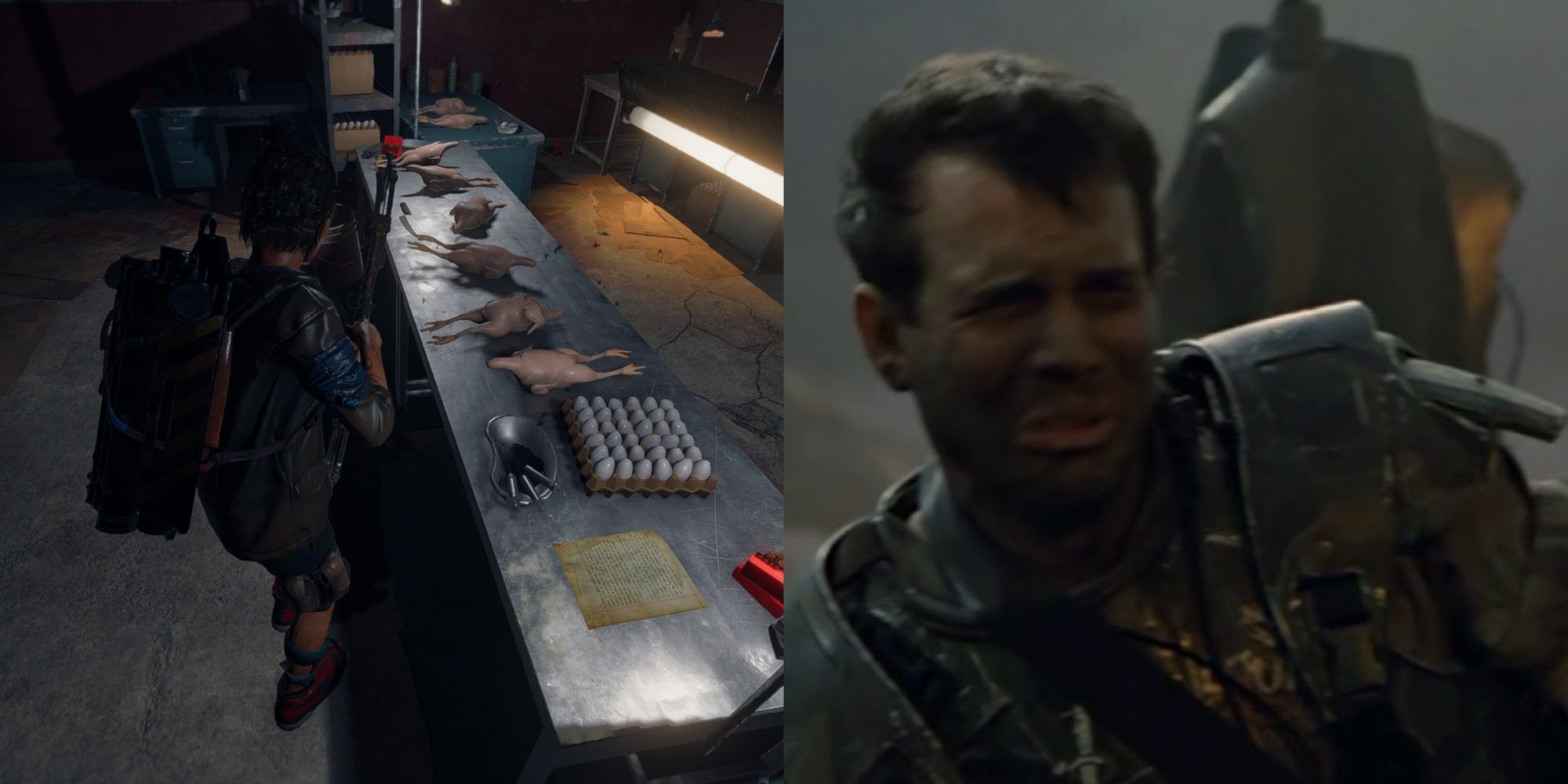Far Cry 6 split image of underground bunker chickens and Bill Paxon Aliens