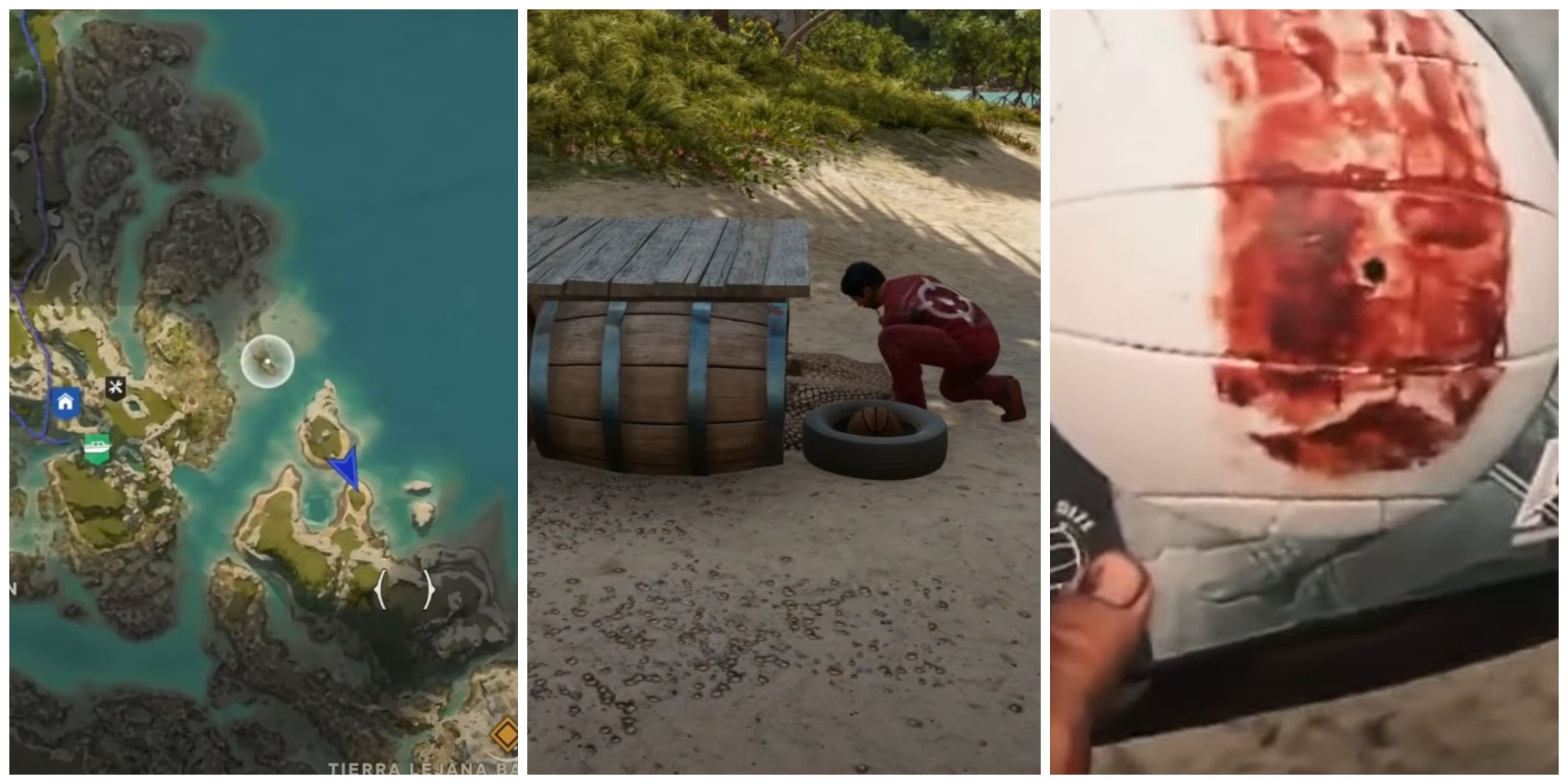 Far Cry 6 Castaway Wilson reference split image of Yara, raft builder and Wilson volleyball