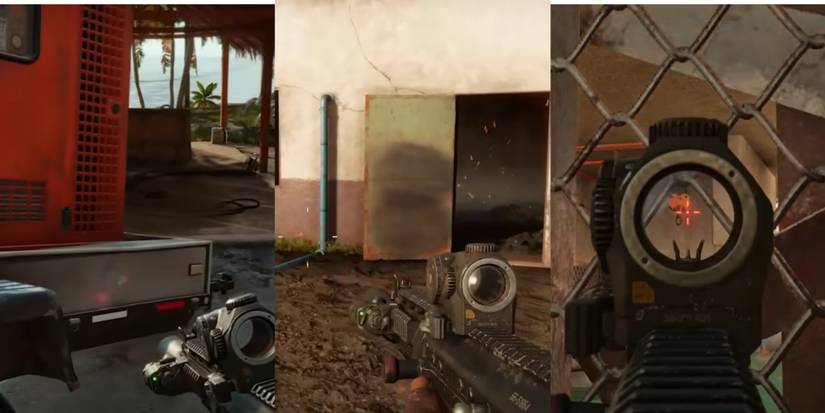 Far Cry 6 split image walkthrough of Parting Gifts treasure hunt with electric grid, open door, and scoping aiming at lock through fence