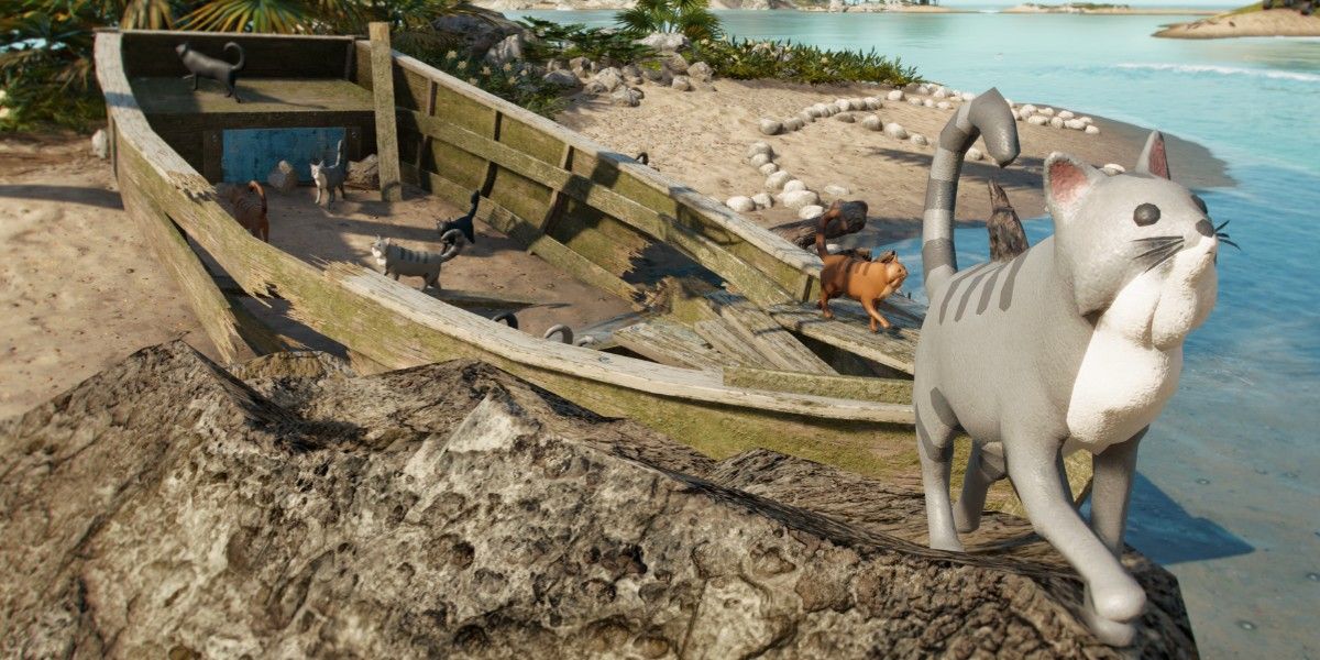 Far Cry 6 secret cat boat island up close of a cat leaving boat standing on rock