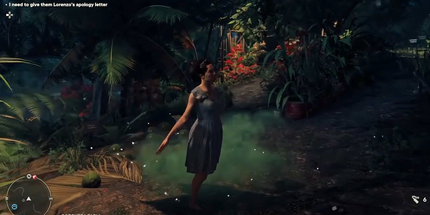 Far Cry 6 Seeds of Love Far Cry 5 reference Riel twirling in dark forest with green Bliss