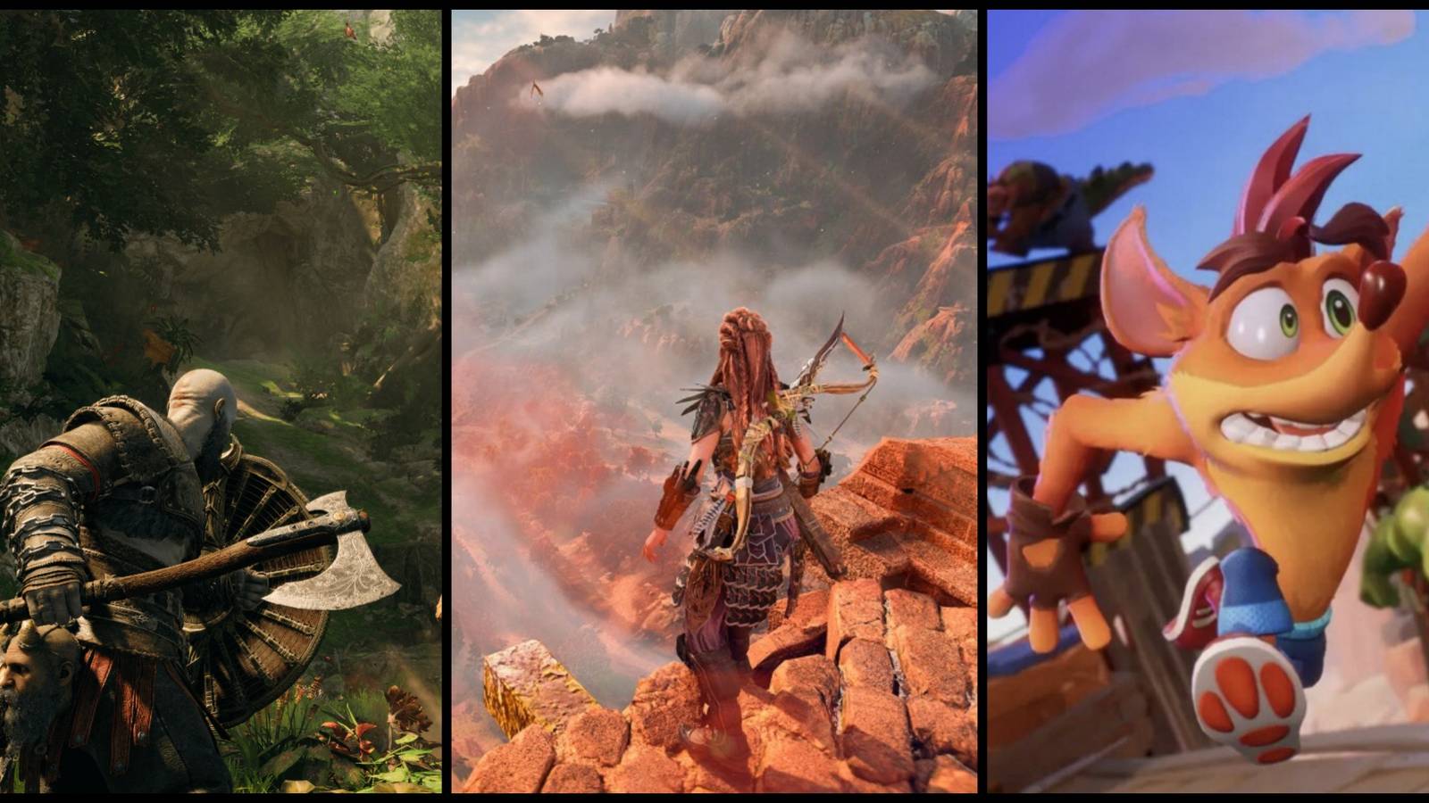 Kratos, Aloy and Crash Bandicoot side by side
