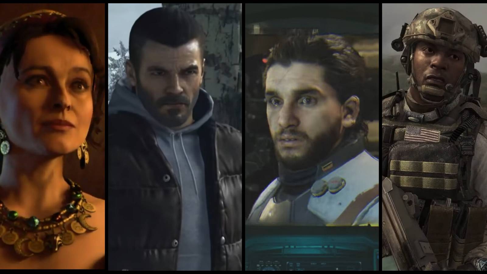 Helena Bonham Carter, Sam Worthington, Kit Harington and Idris Elba in their respective roles in the Call of Duty franchise.