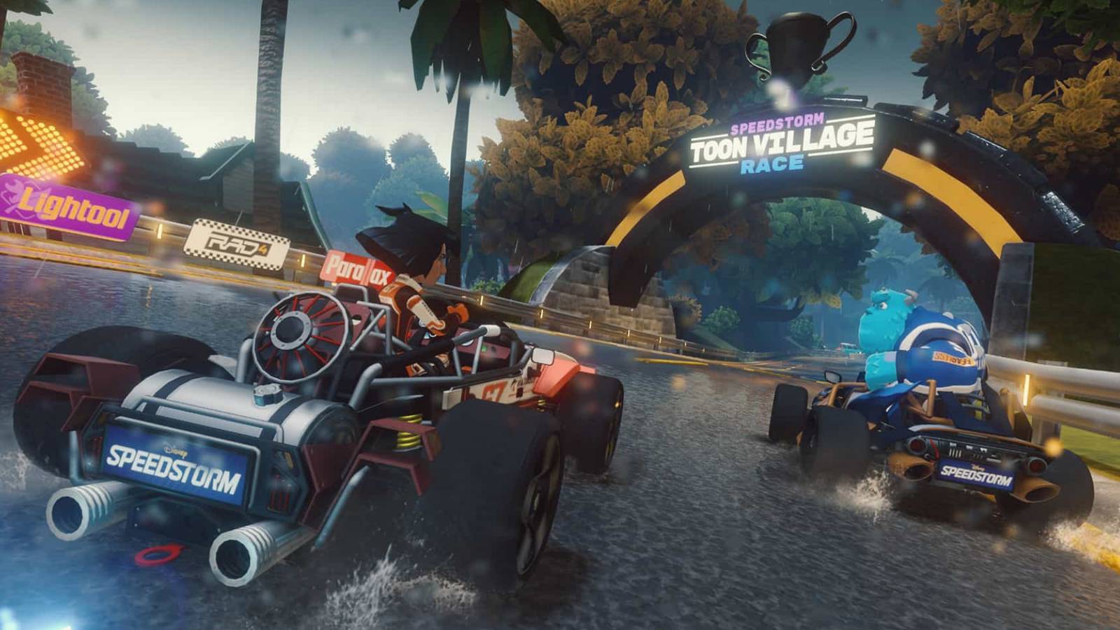 A screenshot of gameplay from Disney Speedstorm, showing The Jungle Book's Mowgli in his car trailing behind Monster Inc's Sulley