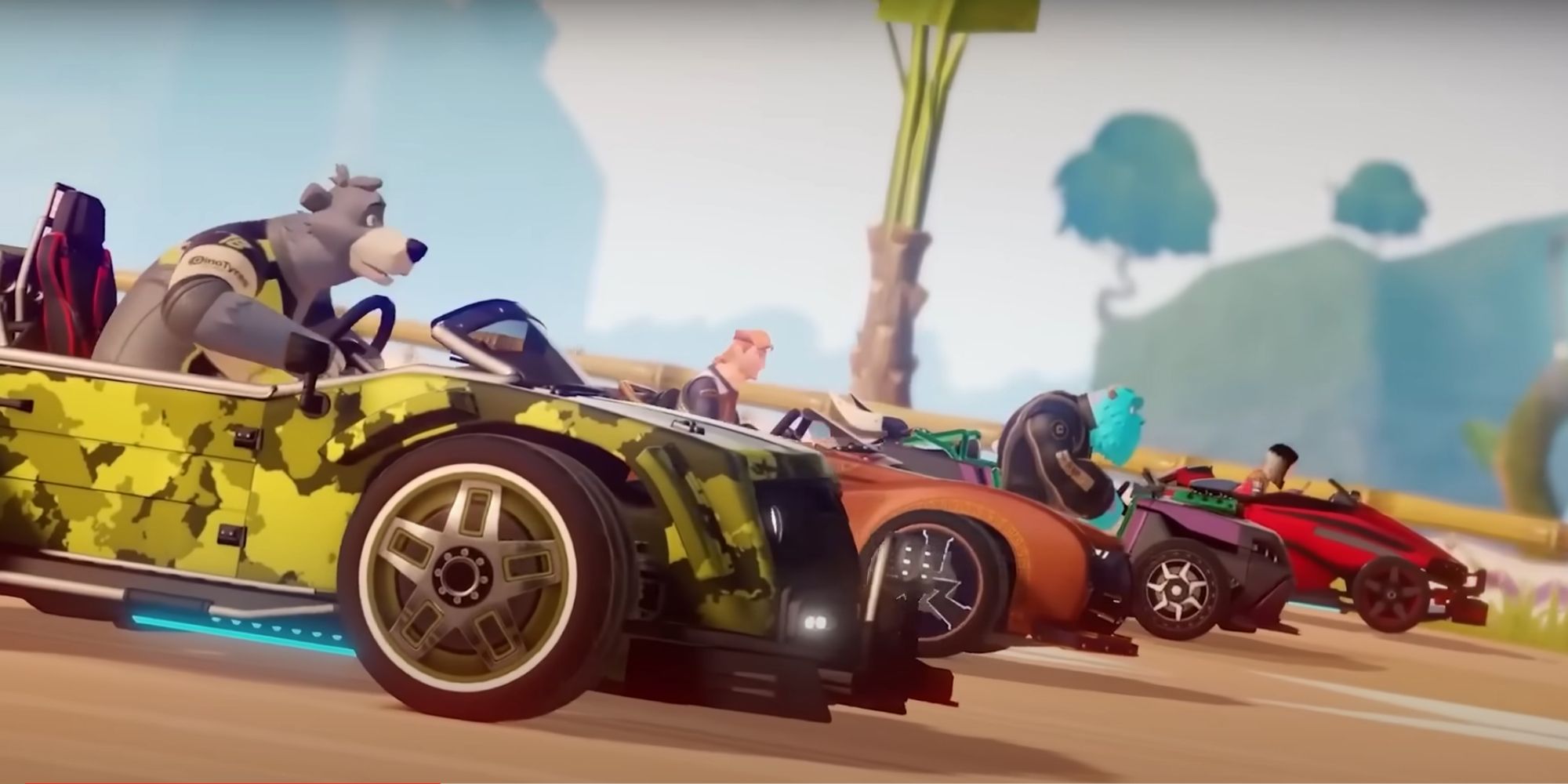 Baloo, Hercules and Sulley lined up at the starting grid in the trailer of Disney Speedstorm