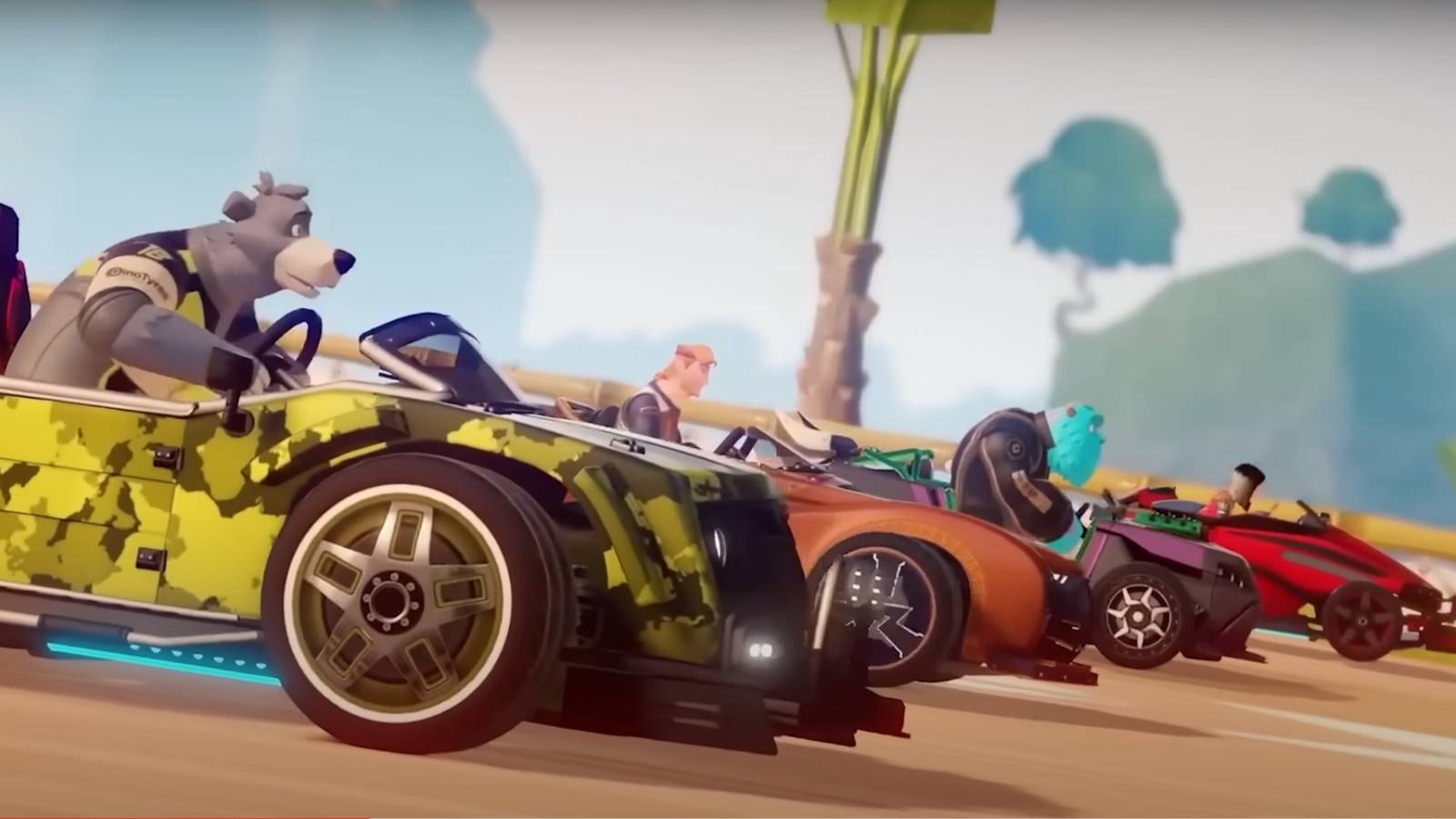 Baloo, Hercules and Sulley lined up at the starting grid in the trailer of Disney Speedstorm