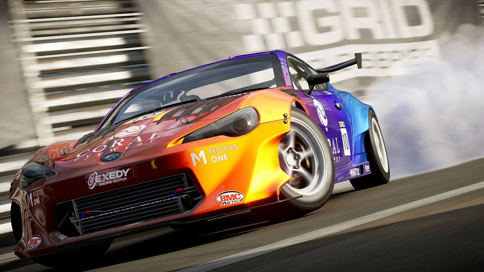 An action shot of the Subaru BRZ Drift-Tuned in the middle of a drifting move in Grid Legends