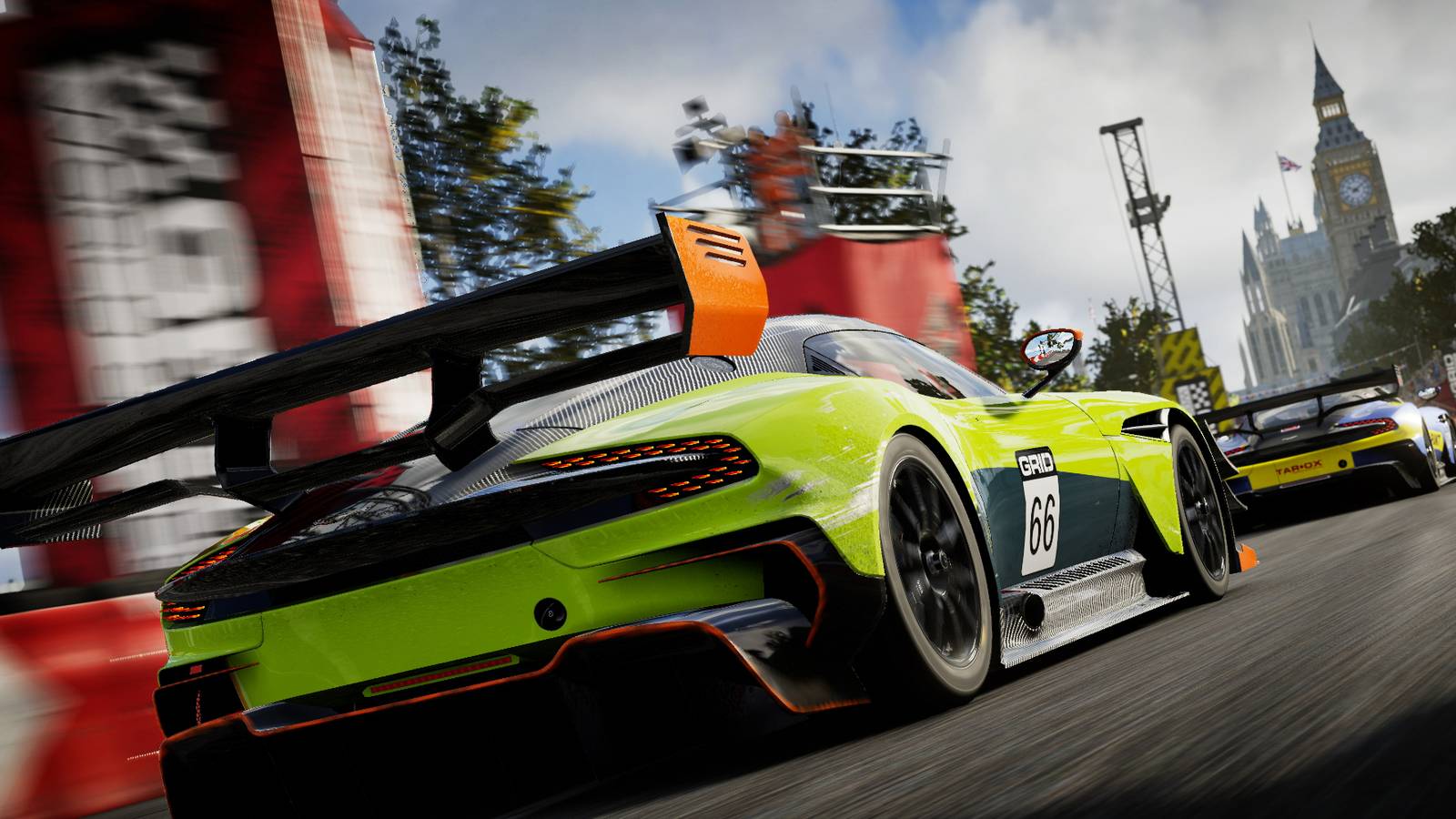 A screenshot of a car racing behind another from GRID Legends