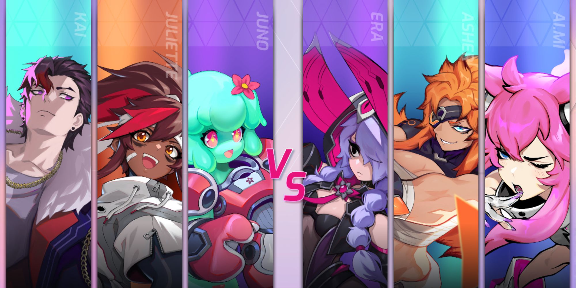 The pre-game screen from Omega Strikers showing the characters featured in the upcoming match