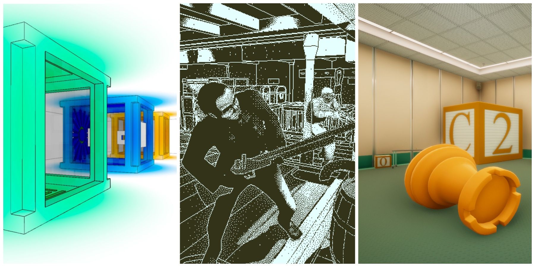 Featured images of First-Person Puzzle games Antichamber, Return of the Obra Dinn, and Superliminal