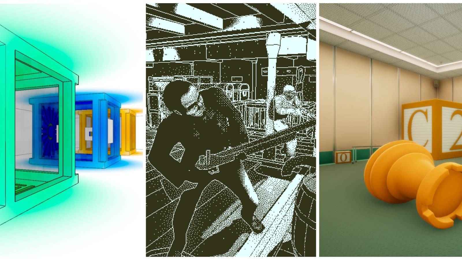Featured images of First-Person Puzzle games Antichamber, Return of the Obra Dinn, and Superliminal