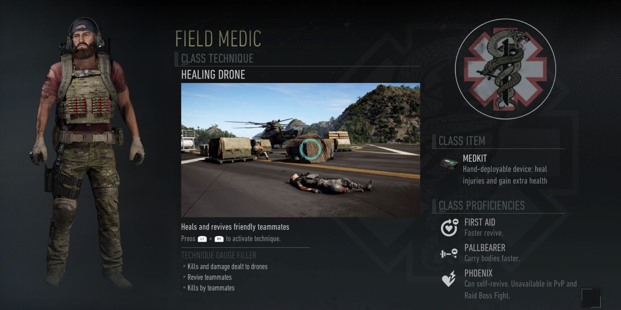 The Field Medic class from Ghost Recon Breakpoint accompanied by a solider and the class logo