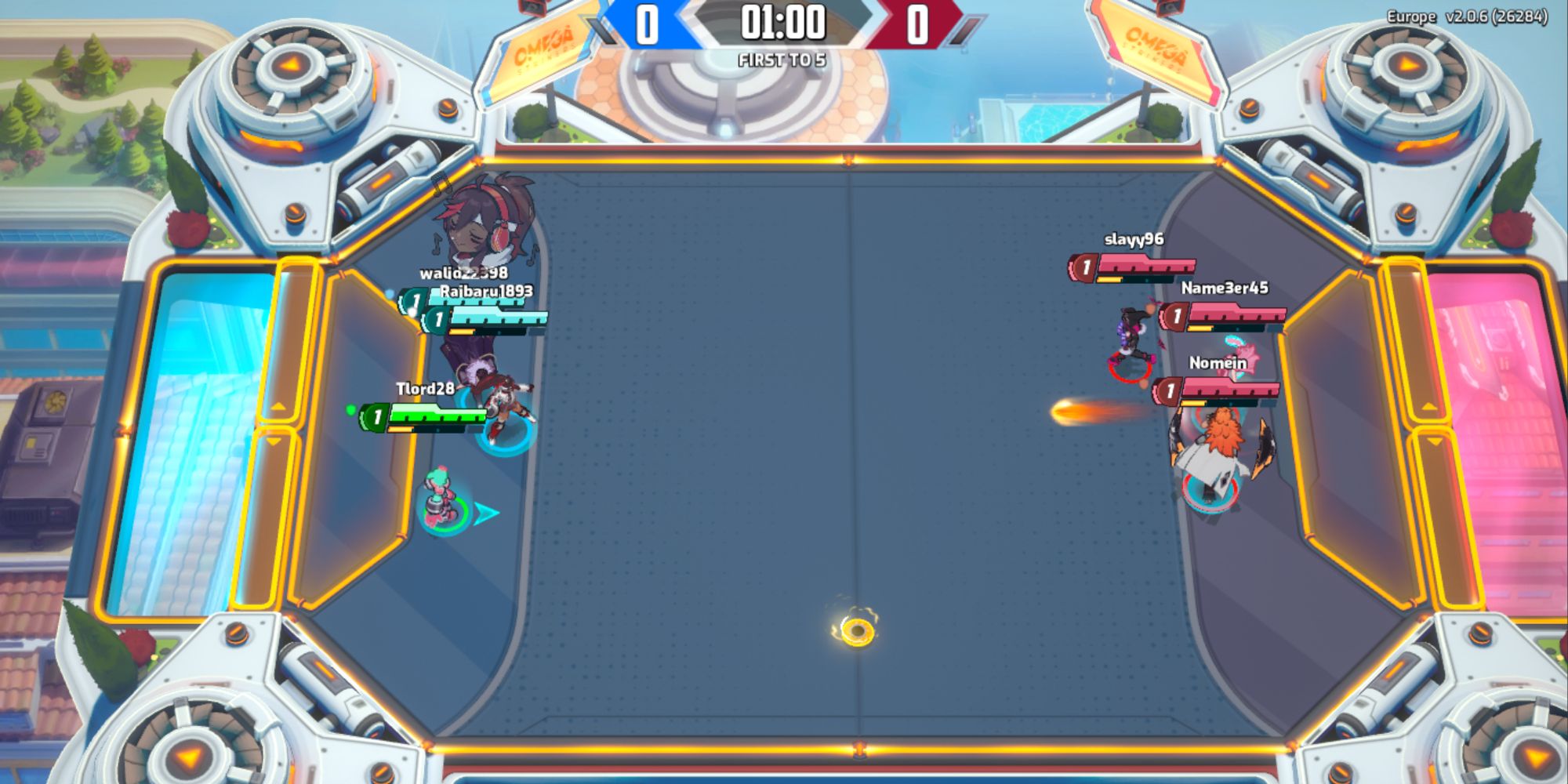 A screenshot of the gamplay from 3v3 football game Omega Strikers