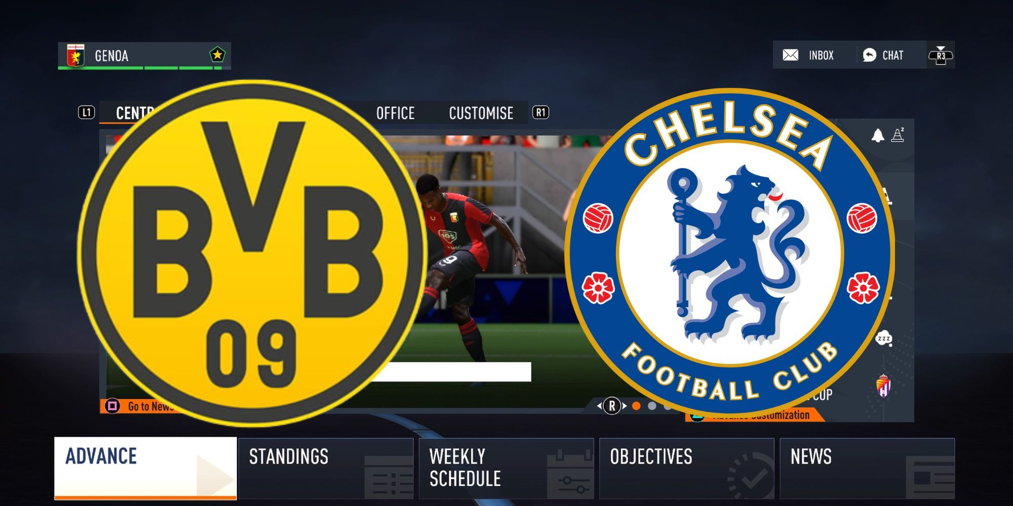 The home menu for FIFA 23 career mode with the Borussia Dortmund and Chelsea logos superimposed
