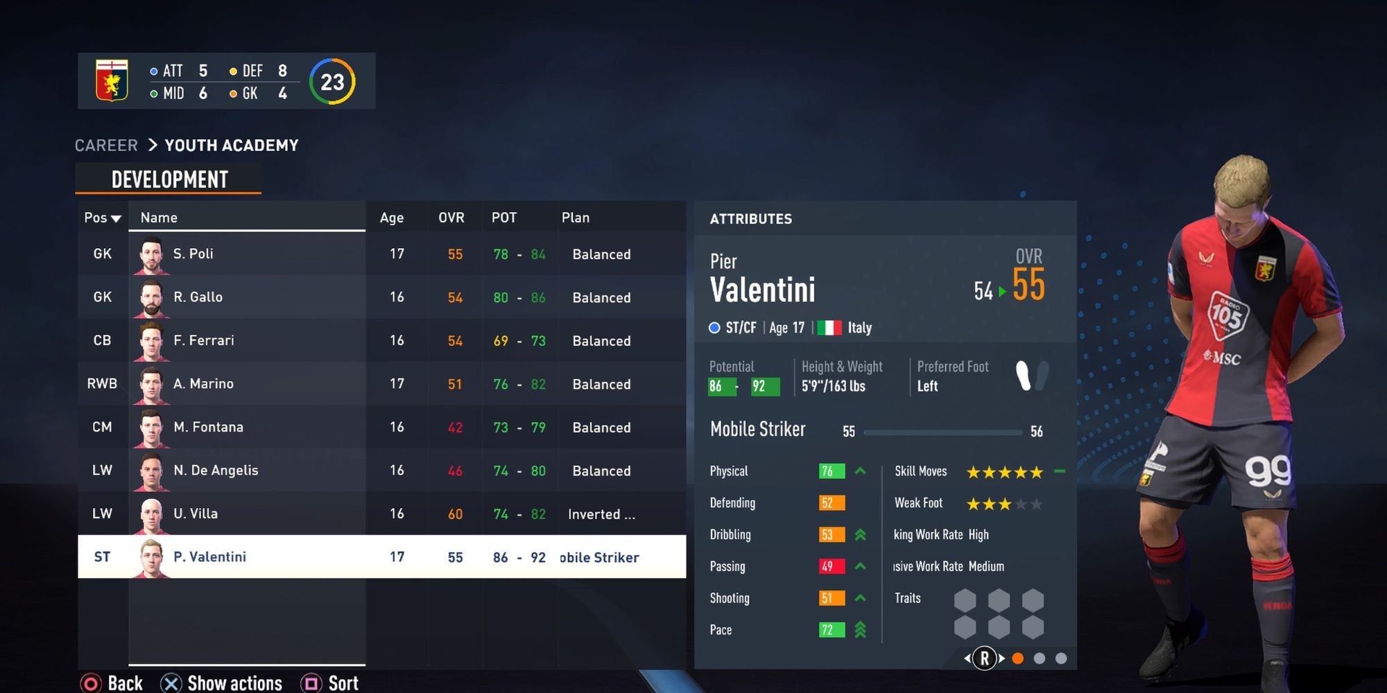 A player in a FIFA 23 youth academy