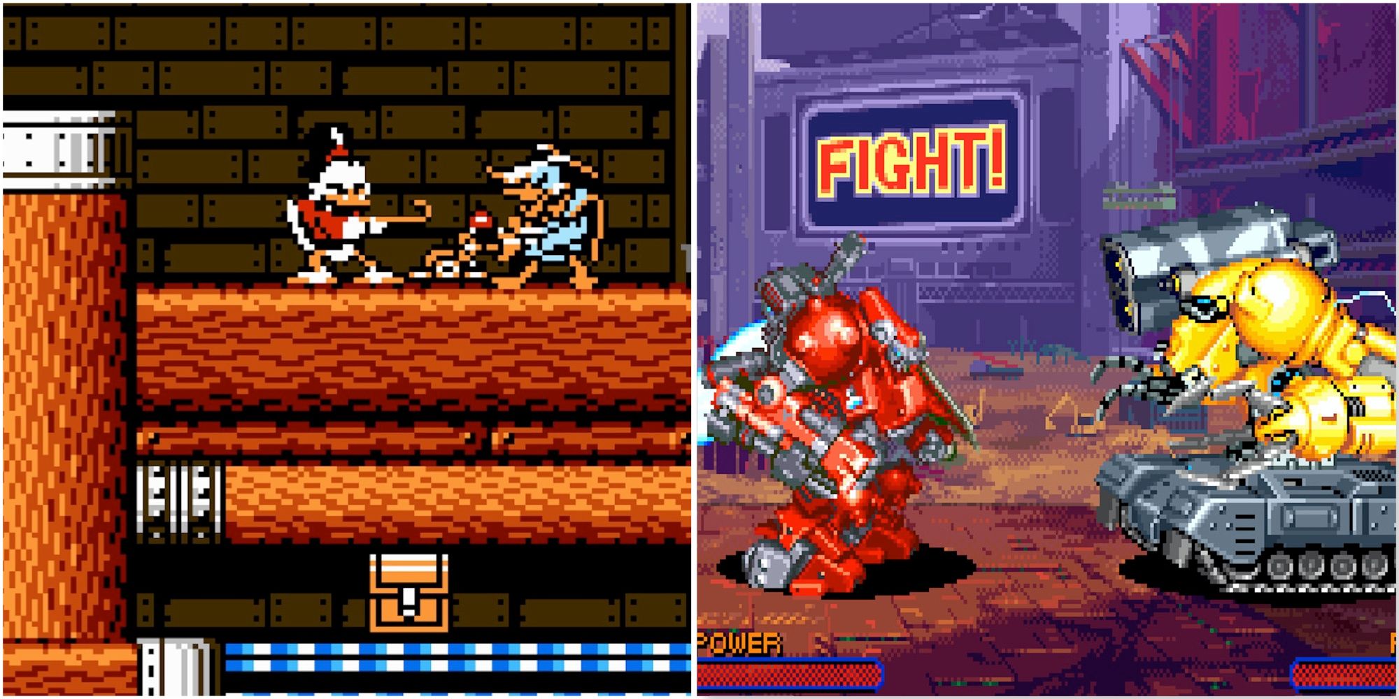 Fighting enemies in DuckTales 2 and Playing a match in Cyberbots Full Metal Madness