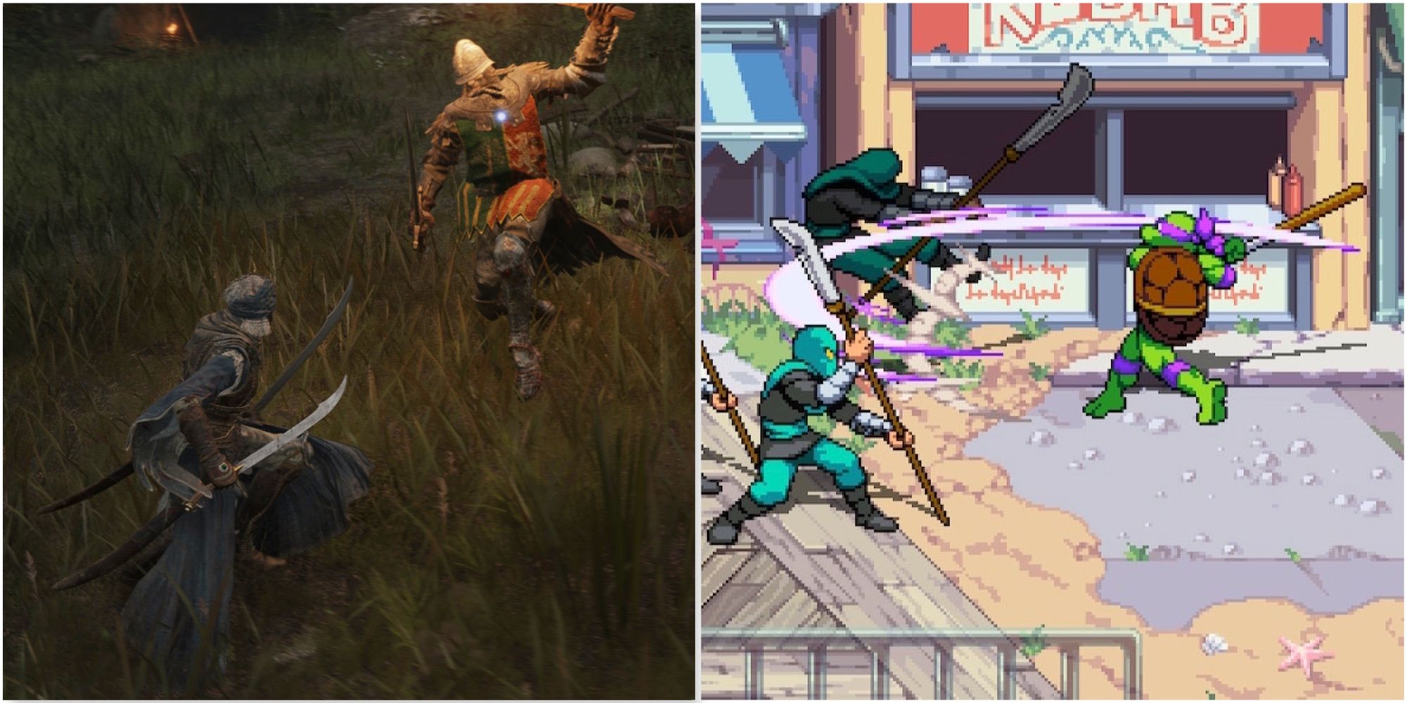 Fighting enemies in Elden Ring and Teenage Mutant Ninja Turtles Shredder's Revenge