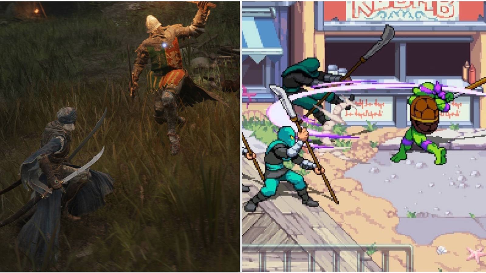 Fighting enemies in Elden Ring and Teenage Mutant Ninja Turtles Shredder's Revenge