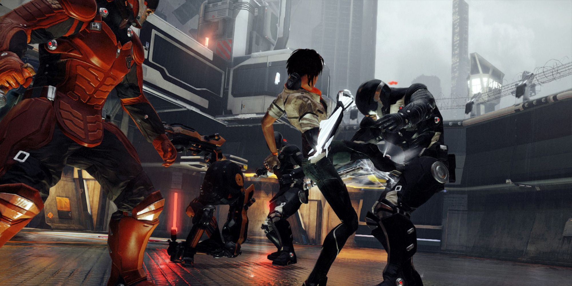The protagonist fights off enemies in a futuristic building