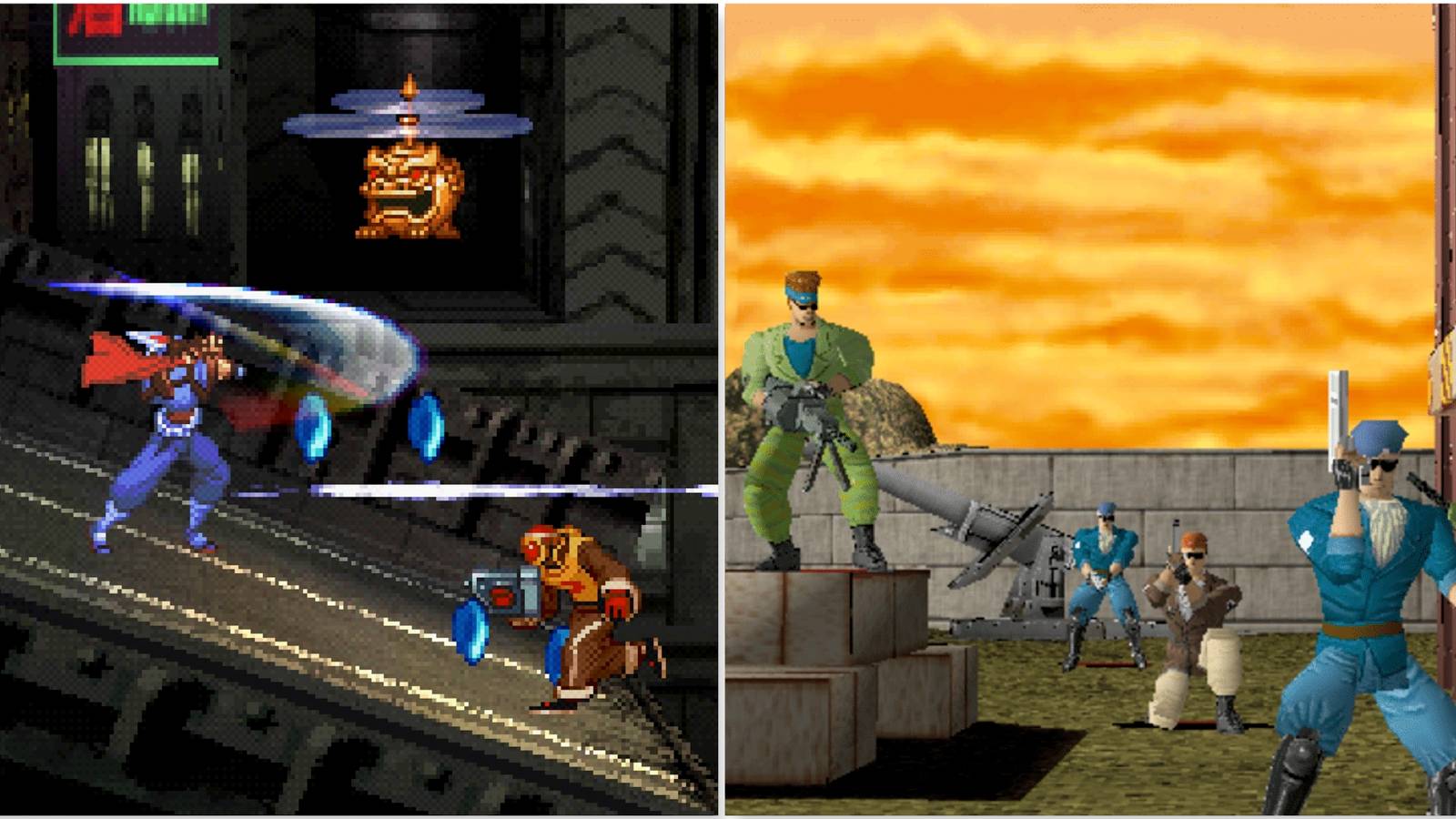 Fighting enemies in Strider 2 and Time Crisis