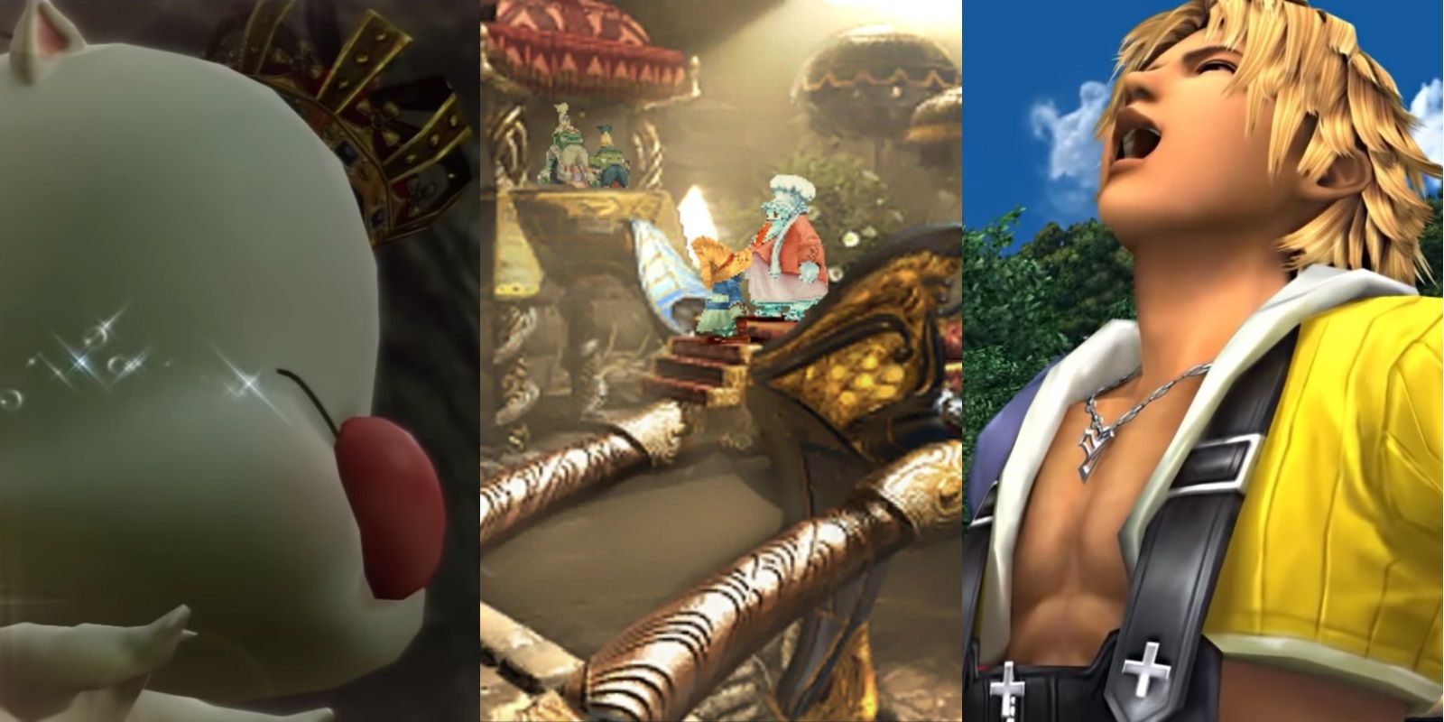 Split image of Mog from Lightning Returns Final Fantasy 13, a married Vivi and Quina in Final Fantasy 9, and Tidus laughing in Final Fantasy 10