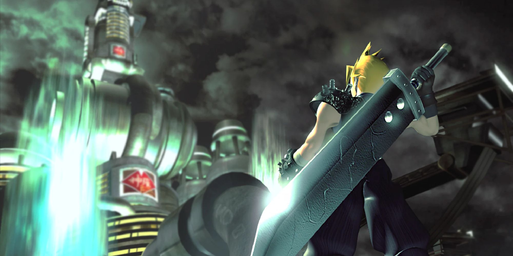Cloud Strife looking at a large machine in the original version of FF7.