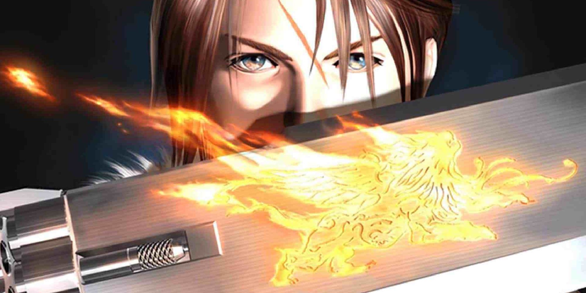 Close-up of the FF8 protagonist, the lower half of his face hidden by a large sword emblazoned with a flaming lion. 
